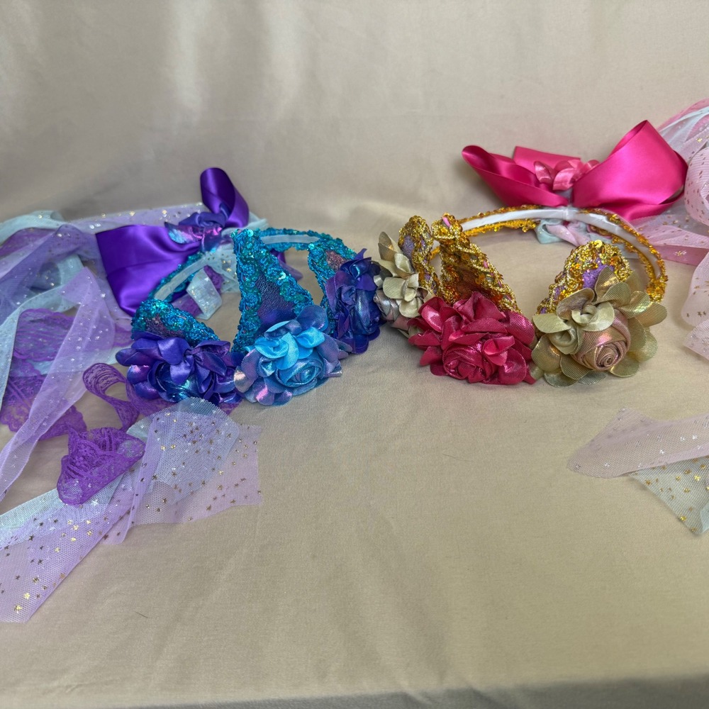 Handmade Floral Tiara Headband Set Sequin Tulle Streamers Pink Purple Gold Teal